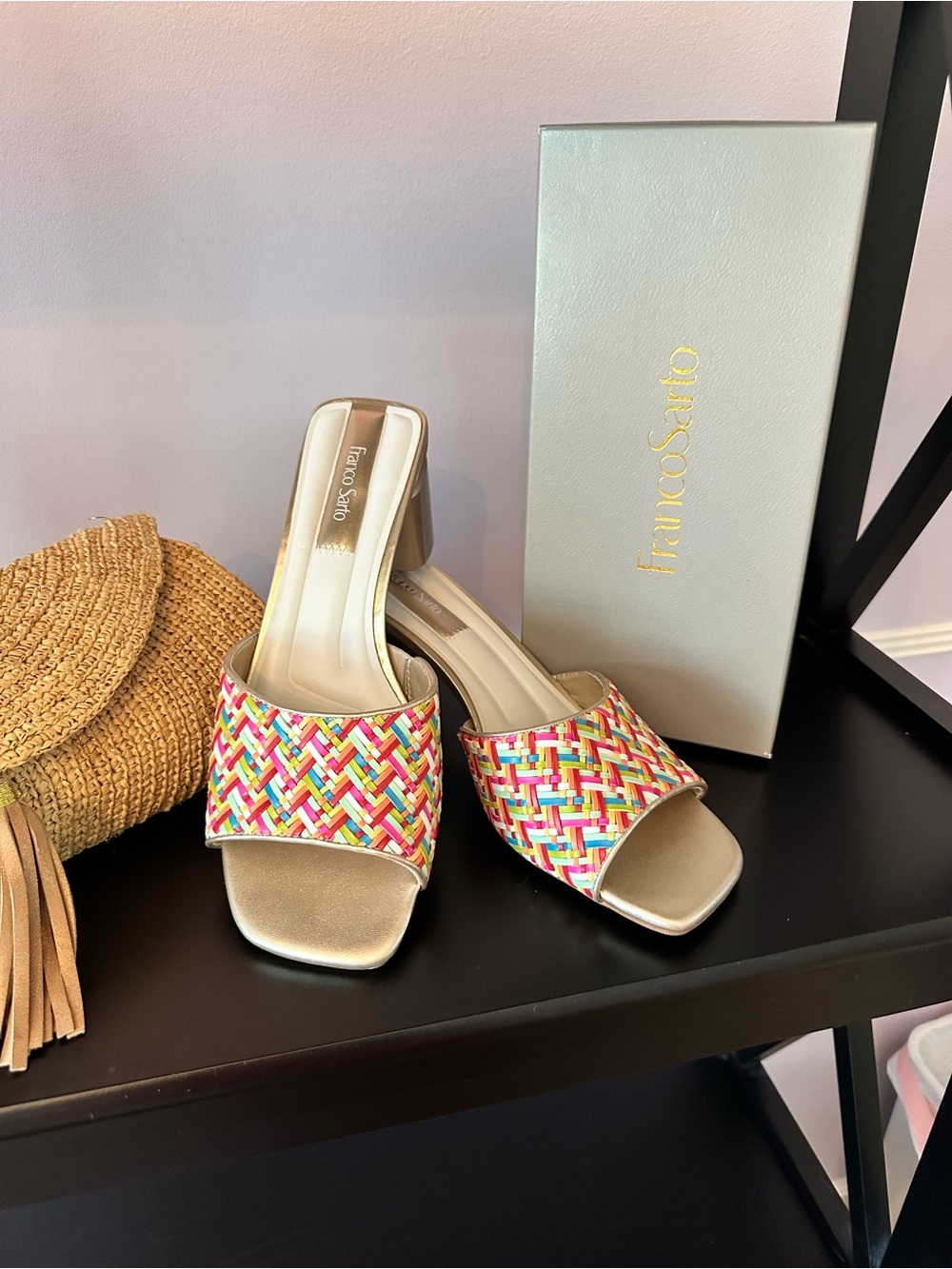 Franco Sarto Multicolor Woven Slide Mules with Gold Footbed